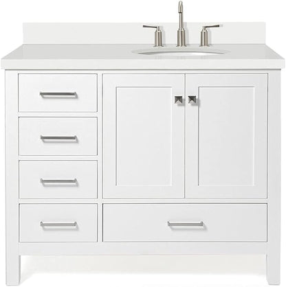 ARIEL Cambridge 42-inch Bathroom Vanity with Sink,Solid Wood, 1.5-inch Pure White Quartz Countertop & Backsplash, Single Oval Porcelain Sink, 2 Soft Closing Doors, 5 Dovetail Drawers, White