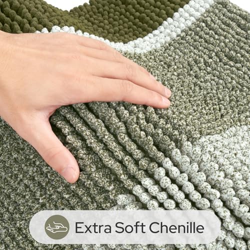 HOMEIDEAS Sage Green Bathroom Rugs Set, Striped Chenille, 20"x32"+17"x24"