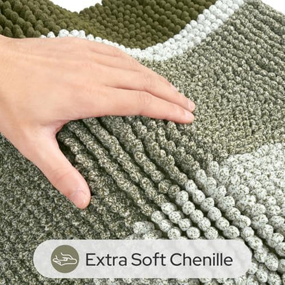 HOMEIDEAS Sage Green Bathroom Rugs Set, Striped Chenille, 20"x32"+17"x24"