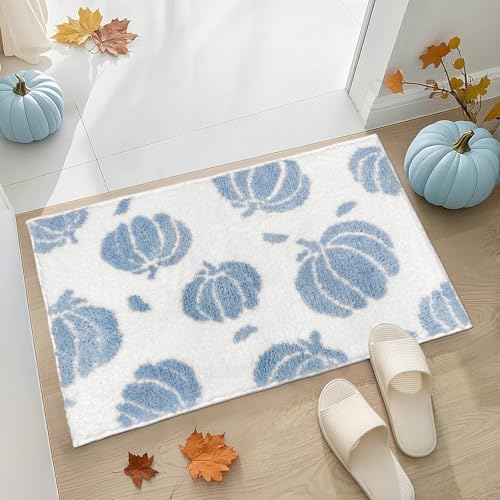 APROPHIC Blue Pumpkin Bath Mats, Fall Bathroom Decor, Non-Slip Microfiber Bath Rugs, Autumn Thanksgving Bathroom Rug for Shower, Tub, Sink, Decor, Machine Washable, 20x30 inch