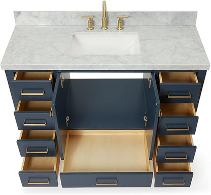 ARIEL Cambridge 48-inch Bathroom Vanity with Sink,Solid Wood, 1.5-inch Italian Carrara Marble Countertop, Single Rectangular Porcelain Sink, 2 Soft Closing Doors, 9 Dovetail Drawers, Midnight Blue
