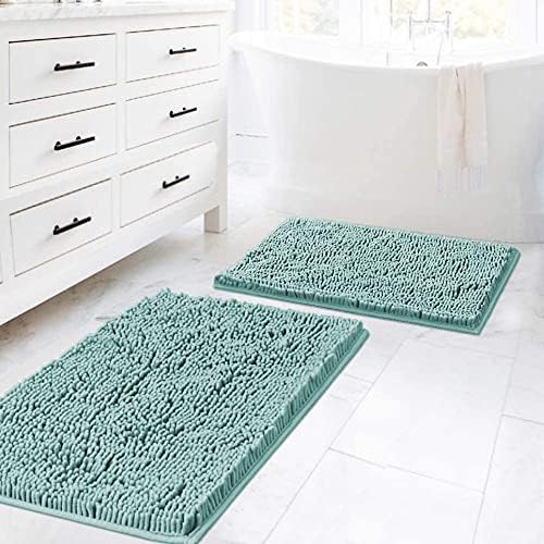 H.VERSAILTEX Microfiber Bath Rugs Chenille Floor Mat Ultra Soft Washable Bathroom Dry Fast Water Absorbent Bedroom Area Rugs, 20" x 32"/17" x 24", Eggshell Blue