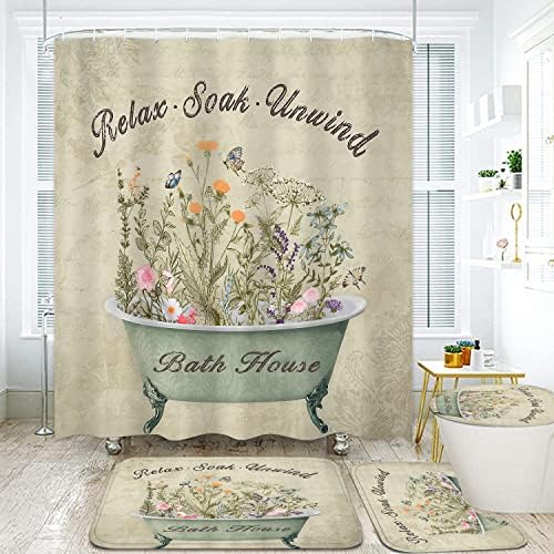 Nkzply 4 Pcs Green Floral Shower Curtain Set Vintage Flowers Leaves Bathroom Sets with Shower Curtain and Rugs Rustic Plant Farmhouse Bathroom Decor Country Bathtub Bathroom Rugs Toilet Lid Cover