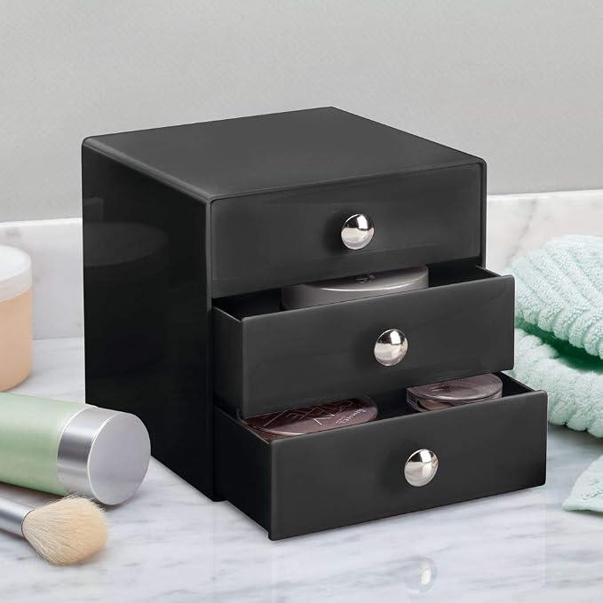 iDesign 35360 3-Drawer Plastic Vanity Organizer, Compact Storage Organization Set for Cosmetics, Dental Supplies, Hair Care, Bathroom, Dorm, Desk, Countertop, Office, 6.5" x 6.5" x 6.5", Black | BPA-Free Plastic