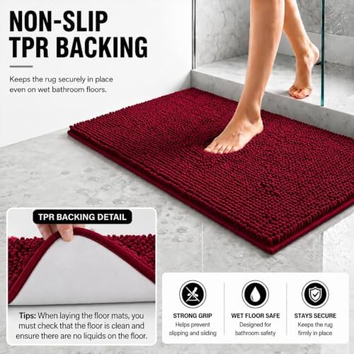 Bathroom Rugs Sets 2 Piece,Super Absorbent Soft,Thick,Machine Washable Chenille Bath Mat,Non Slip Toilet Floor Rug,Bath Mats for Bathroom,20x32 Plus 20x20 U Shape,Burgundy