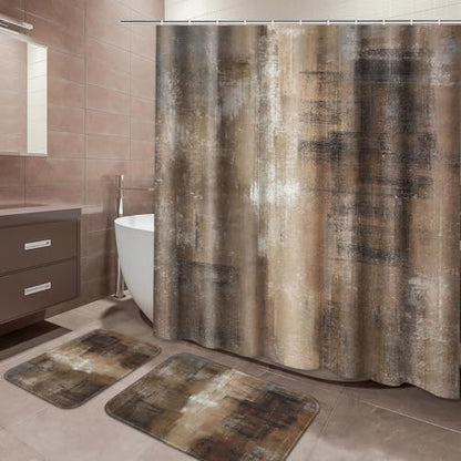 ArtSocket Bathroom Set, Shower Curtain and Bath Rugs Brown Grey