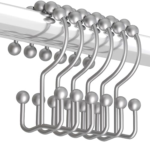 Titanker Shower Curtain Hooks Rings, Rust-Resistant Metal Double Glide Shower Hooks for Bathroom Shower Rods Curtains, Set of 12 Hooks - Space Silver