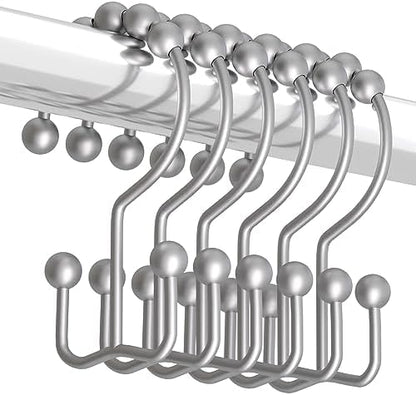 Titanker Shower Curtain Hooks Rings, Rust-Resistant Metal Double Glide Shower Hooks for Bathroom Shower Rods Curtains, Set of 12 Hooks - Space Silver
