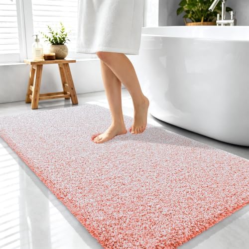 OLANLY Microfiber Bathroom Rugs 44x24, Quick Dry Bath Mat, Coral and White