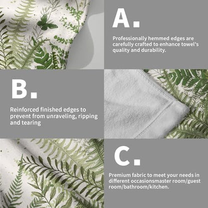 Fern Leaf Hand Towels Set of 2, 14x28 Inch Summer Botanical Greenery Leaves Tropical Decor Absorbent Soft Dish Cloth for Home Kitchen Bathroom Seasonal Decoration