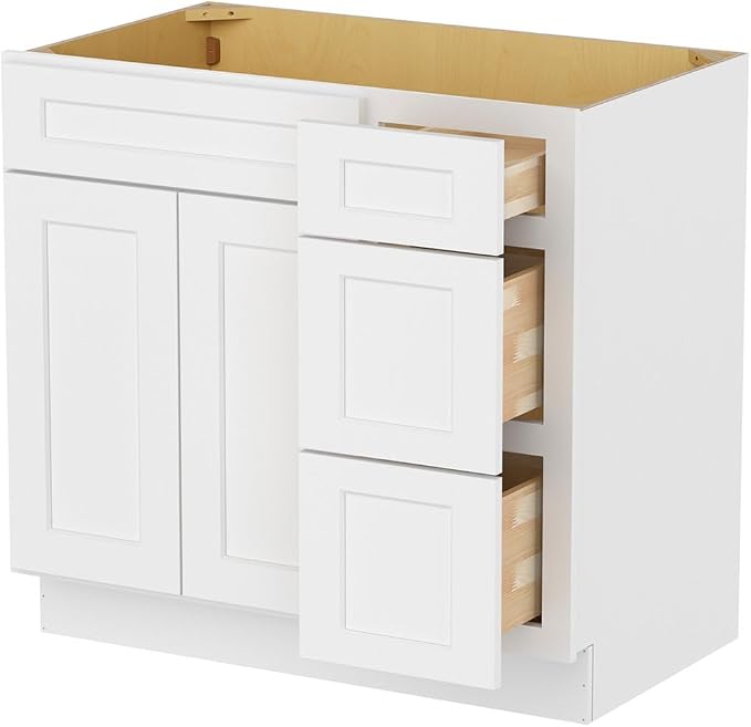 Furinno Shaker Drawers Right Bath Vanity Cabinet Without Top, Ready to Assemble, 21 D x 36 W x 34.5 H, White
