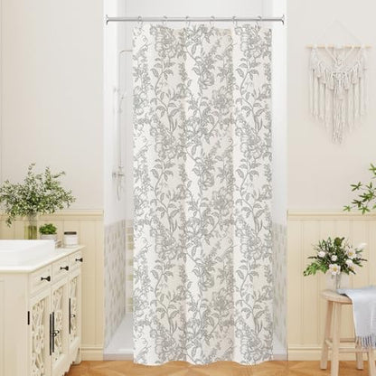 Grey Boho Linen Fabric Shower Curtain , Farmhouse Floral For Bathroom