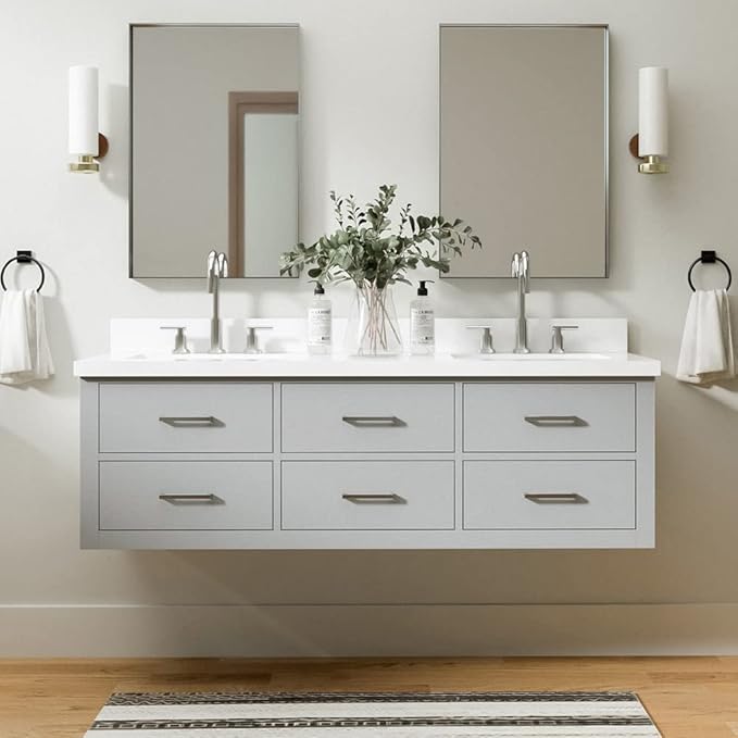 ARIEL Hutton 60-inch Bathroom Vanity with Sink,Solid Wood, 1.5-inch Pure White Quartz Countertop & Backsplash, Double Rectangular Porcelain Sink, 3 Dovetail Drawers, Grey