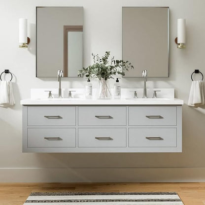 ARIEL Hutton 60-inch Bathroom Vanity with Sink,Solid Wood, 1.5-inch Pure White Quartz Countertop & Backsplash, Double Rectangular Porcelain Sink, 3 Dovetail Drawers, Grey