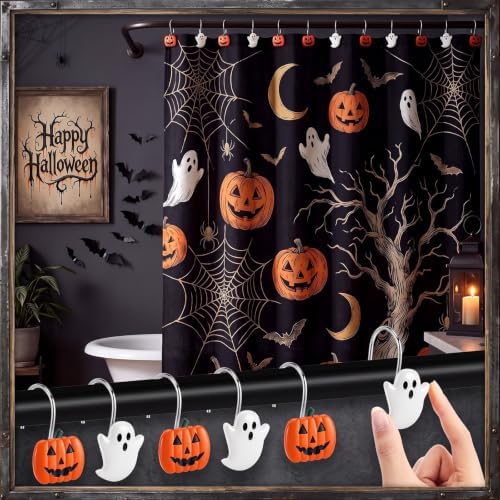 Thyle 12 pcs Halloween Shower Curtain Hooks Decorative Resin Ghost and Pumpkin Shower Curtain Rings Metal Hangers Bathroom Holiday Decoration Accessories for Bathroom Halloween Party