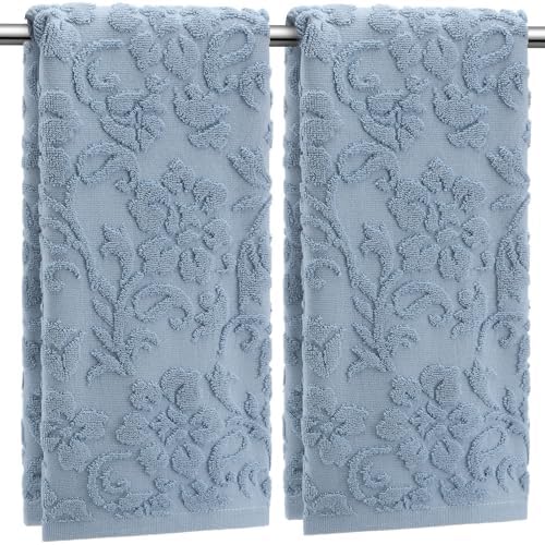 SmoothNovelty 2 Pcs Blue Floral Jacquard Hand Towels for Bathroom