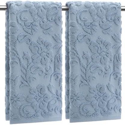 SmoothNovelty 2 Pcs Blue Floral Jacquard Hand Towels for Bathroom
