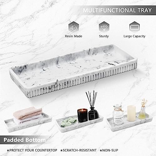 XLHOMO Resin White Marble Bathroom Accessories Set 5 Pcs, Lotion Soap Dispenser, Toothbrush Holder, Bathroom Tumbler, Qtip Holder and Vanity Tray, Bathroom Countertop Organizer Set for Home Apartment