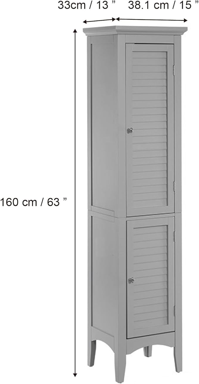 Teamson Home Glancy Tall Slim Freestanding Double Tier Floor Linen Cabinet with 1 Adjustable and 3 Fixed Interior Shelves 5 Storage Spaces and 2 Louvered Doors, Gray