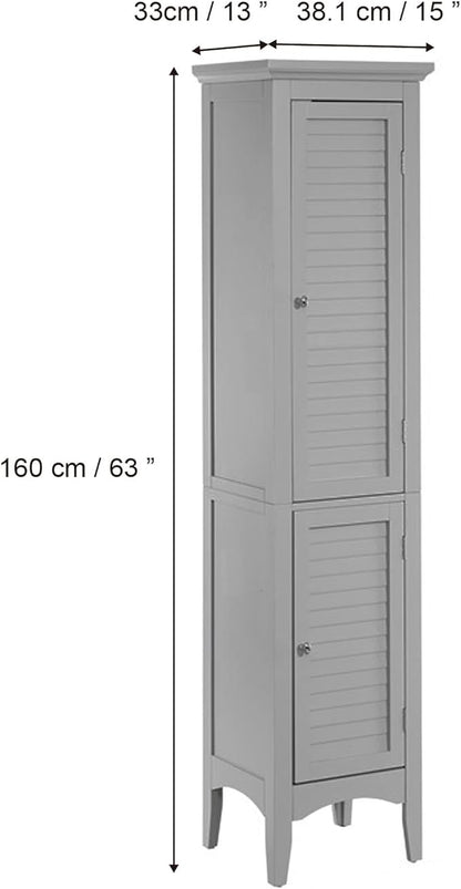 Teamson Home Glancy Tall Slim Freestanding Double Tier Floor Linen Cabinet with 1 Adjustable and 3 Fixed Interior Shelves 5 Storage Spaces and 2 Louvered Doors, Gray