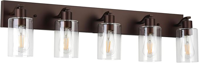5 Lights Bathroom Light Fixtures Oil Rubbed Bronze Vanity Light with Clear Glass Shade 36in Modern Bathroom Lighting Fixtures Over Mirror for Bedroom/Living Room