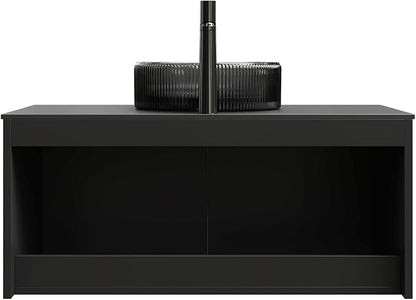 36 Inch Bathroom Vanity with Sink, Floating Fluted Vanity with Vessel Sink, Modern Bathroom Vanity Cabinet with 2 Doors with Metal Trim, Round Glass Sink & Sintered Stone Top, Black