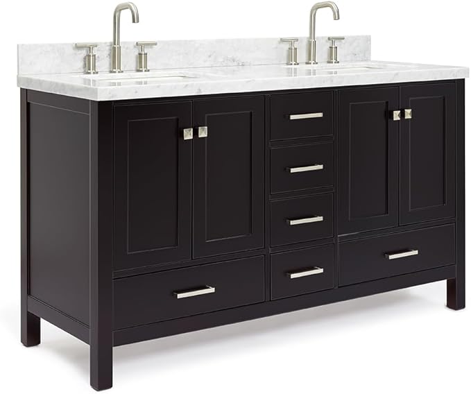 ARIEL Cambridge 60-inch Bathroom Vanity with Sink,Solid Wood, 1.5-inch Italian Carrara Marble Countertop, Double Rectangular Porcelain Sink, 4 Soft Closing Doors, 6 Dovetail Drawers, Espresso