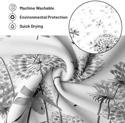 Light Grey Dandelion Shower Curtain Spring Dragonfly Charcoal Gray White Watercolor Shower Curtains for Bathroom Decor, Waterproof Cloth Fabric with Hooks 70" Wx72 L