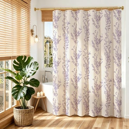 Purple Linen Farmhouse Shower Curtain, Boho Floral Bathroom 72x84