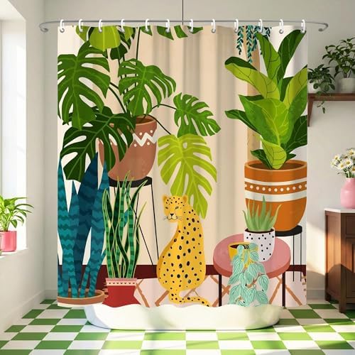 Tropical Boho House Plant Leopard Jungle Shower Curtain 72x72 Inches
