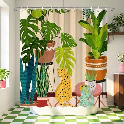 Tropical Boho House Plant Leopard Jungle Shower Curtain 72x72 Inches