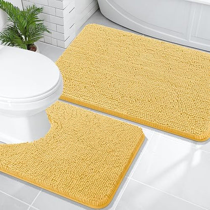 OLANLY Chenille Bathroom Rugs Mats Sets 2 Piece, 36"x24"+24"x20", Yellow