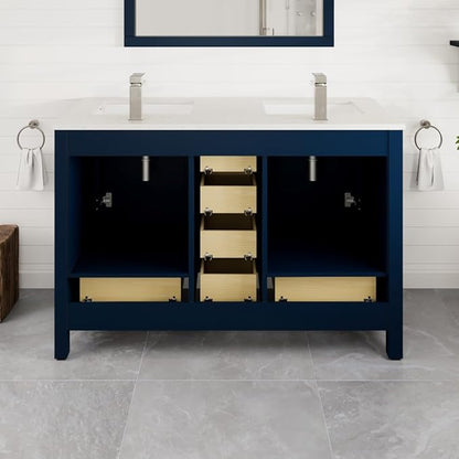 Eviva London 48 Inch Double Sink Vanity - Blue Double Vanity Sinks For Bathrooms - 48 Vanity With Sink And Countertop In Quartz & Undermount Porcelain Sink Combo - 48 Bathroom Vanity With Top And Sink