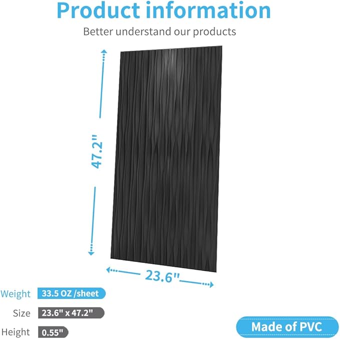 Art3d 46.2 SF Large 3D Wall Panels for Interior Décor, PVC Textured Wavy Wall Panels for Living Room, Bedroom and Office, Pack of 6 (47.2"×23.6"), Black