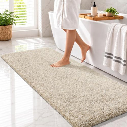 Yimobra Luxury Bathroom Rugs, Fluffy Bath Mats, Non Slip, Water Absorbent Microfiber, Machine Washable, Plush Runner Shower Rugs, Thick Matts for Bathroom Floor/Tub, 60" X 24", Light Beige and White
