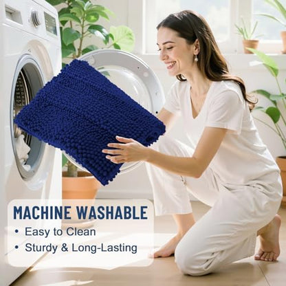 Grandaily Chenille Striped Bathroom Rugs 47x32, Extra Thick and Soft Absorbent Bath Mats, Rubber Backing, Plush Shaggy Shower Carpet, Machine Wash Dry, Bath Rug for Bathroom, Navy Blue