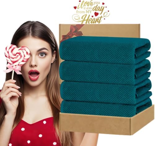 VOOVA & MOVAS Bath Towels 4PC, 100% Cotton, 30x56 in, Deep Turquoise