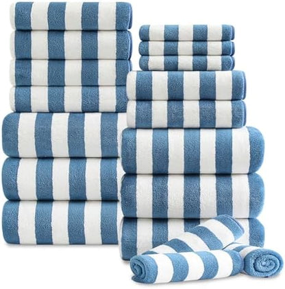 18 Pcs Navy Stripe Bath Towel Set with Hanging Loop-6 Bath Towels,6 Hand Towels,6 Washcloths Soft Family Towels Set Bathroom Towel Highly Absorbent Quick Dry Shower Towel for Beach Spa Gym Hotel