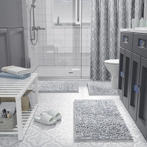 Yimobra Luxury Chenille U-Shaped Toilet Rug, Super Soft Shaggy Contour Bath Mat for Bathroom Floor, Fluffy, Water Absorbent, Non Slip, Machine Washable, Dry Quickly, 24''x 20'', Light Grey & Dark Grey