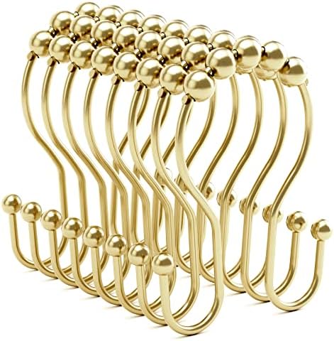 Bathway Gold Shower Curtain Hooks, Shower Curtain Hook Shower Curtain Rings Rust Proof Smooth Double Shower Curtain Hooks, Shower Hooks for Shower Curtain Bathroom Shower Rod Hook 12 Pcs