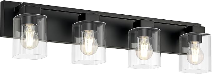 4-Light Matte Black Bathroom Light Fixtures, with Clear Glass Shade | 29.5 Inch Bathroom Lighting Fixtures Over Mirror, Modern Wall Light, bathroom vanity light E26 Socket, ETL