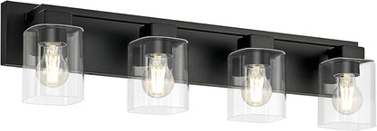 4-Light Matte Black Bathroom Light Fixtures, with Clear Glass Shade | 29.5 Inch Bathroom Lighting Fixtures Over Mirror, Modern Wall Light, bathroom vanity light E26 Socket, ETL