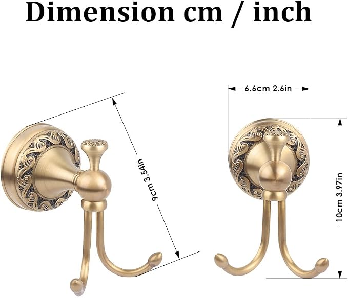 Antique Brass Towel Hook, Wall Mounted Bathroom Copper Double Hook for Clothing Robe Hanger, Screws Install Shower Wall Hook