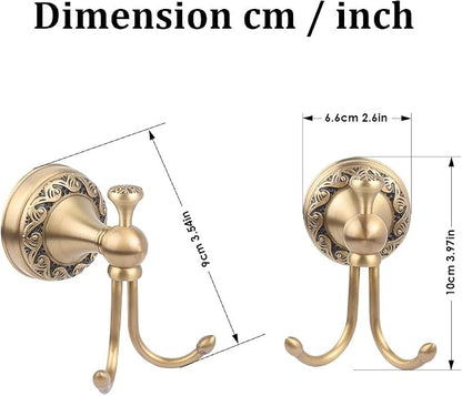 Antique Brass Towel Hook, Wall Mounted Bathroom Copper Double Hook for Clothing Robe Hanger, Screws Install Shower Wall Hook