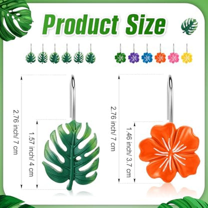Thyle 12 Pcs Hawaiian Tropical Leaf Hibiscus Flower Shower Curtain Hooks, Colorful Resin Ornament Rings Summer Shower Curtain Hooks Decorative Rings for Home Holiday Bathroom Restroom Accessories