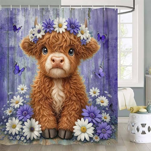 Cute Cow Shower Curtain, Farmhouse Rustic Purple Floral Daisy Highland Cow Shower Curtains for Bathroom, Calf Country Farm Animal Garden Plant Fabric Bathroom Decor with Hooks, 70x75 inch