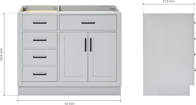 ARIEL Hepburn 42-inch Bathroom Vanity Base Cabinet,Solid Wood, 2 Soft Closing Doors, 5 Dovetail Drawers, Grey