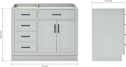 ARIEL Hepburn 42-inch Bathroom Vanity Base Cabinet,Solid Wood, 2 Soft Closing Doors, 5 Dovetail Drawers, Grey