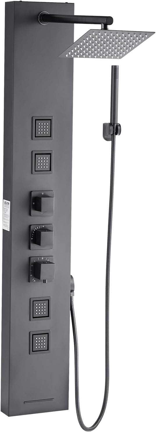 VEVOR Shower Panel Tower System with Rainfall Shower Head, 49 in Brushed Stainless Steel Shower Column, 4-Function Faucet, Wall-Mount Rain Massage System, with 4 Body Jets, Handheld, and Tub Spout