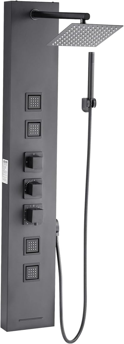 VEVOR Shower Panel Tower System with Rainfall Shower Head, 49 in Brushed Stainless Steel Shower Column, 4-Function Faucet, Wall-Mount Rain Massage System, with 4 Body Jets, Handheld, and Tub Spout